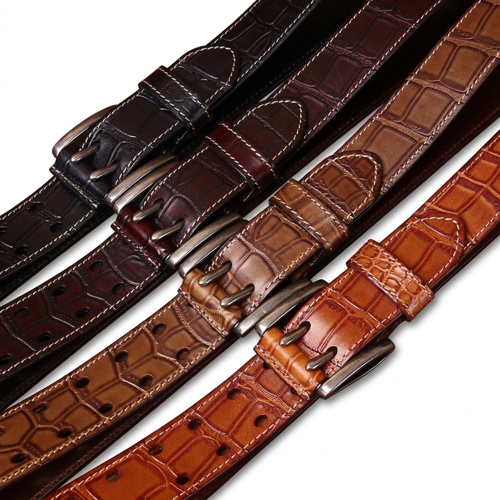 Ceinture Amboise en cuir de vachette pleine fleur avec motif crocodile et boucle double ardillon, présentée en plusieurs nuances de marron.