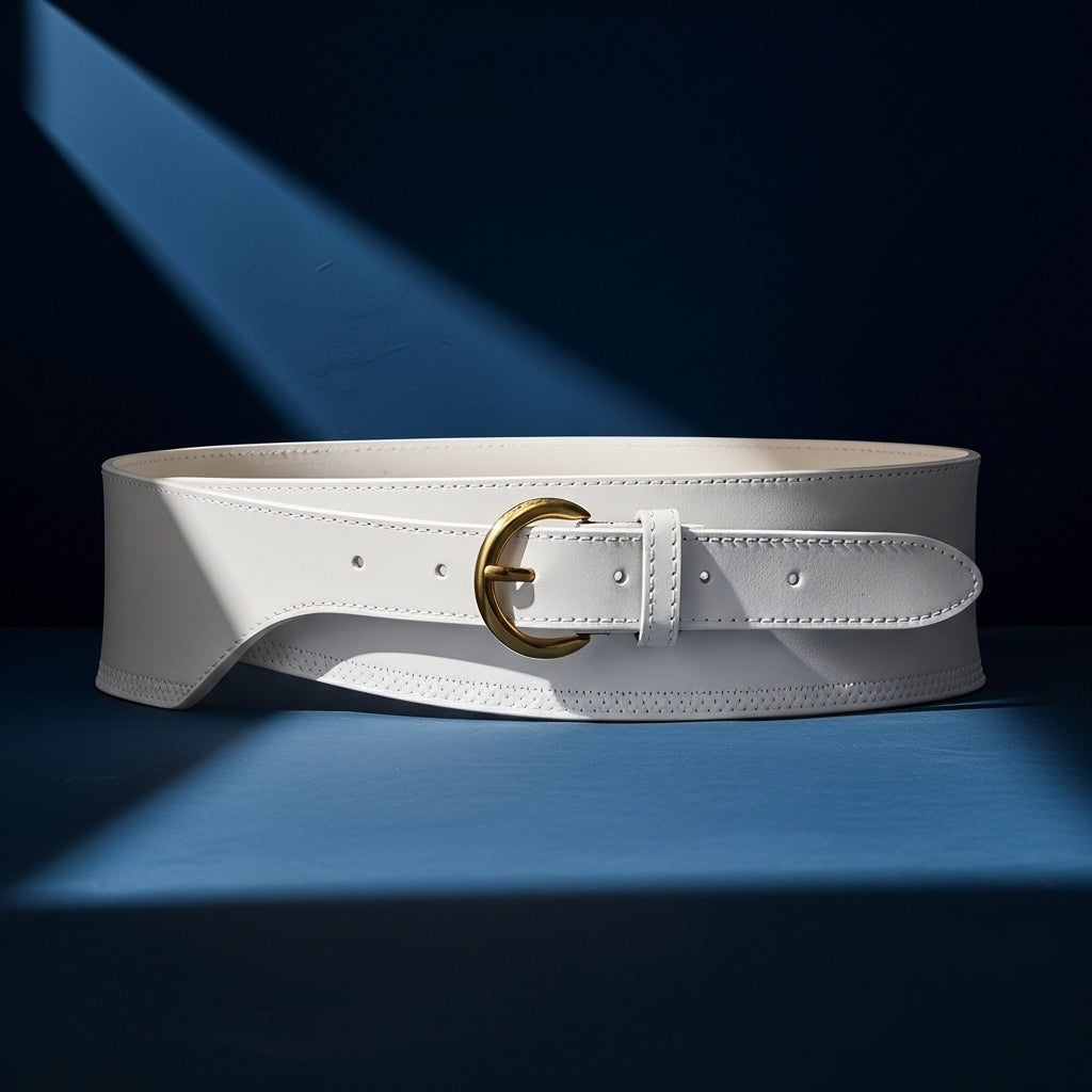 Ceinture large blanche Ambre en cuir de vachette refendu avec finition nubuck et boucle ardillon demi-cercle en métal doré. #fullwidth