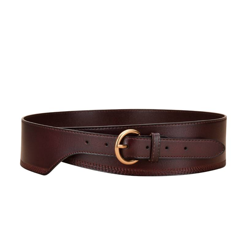 Ceinture femme Ambre en cuir marron foncé, boucle dorée, style croissant oversize