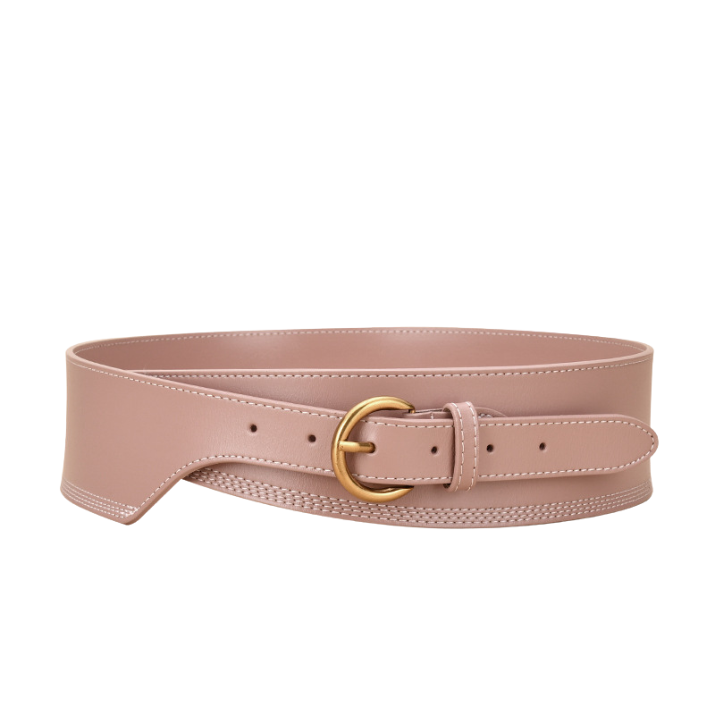 Ceinture femme Ambre rose en cuir de vachette refendu avec finition nubuck, boucle ardillon demi-cercle dorée et couture apparente. Largeur 6,2 cm, style oversize.