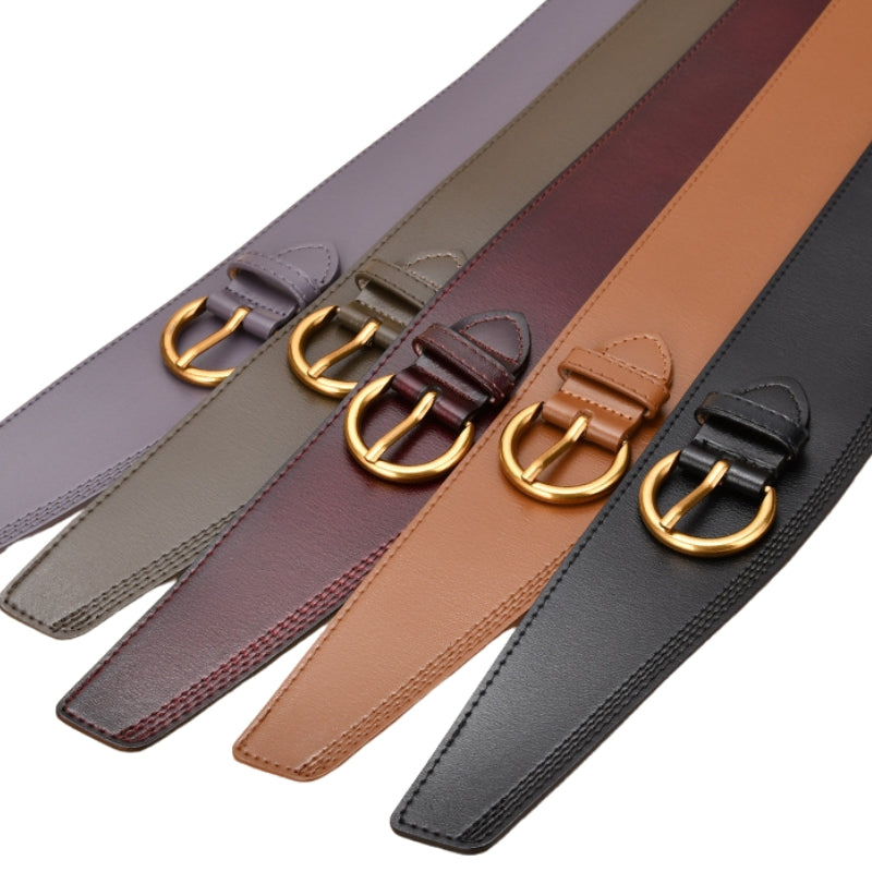 Ceinture Ambre large en cuir refendu nubuck lisse, boucle ardillon demi-cercle dorée, disponible en plusieurs coloris dont gris lilas, kaki, bordeaux, camel et noir. #fullwidth