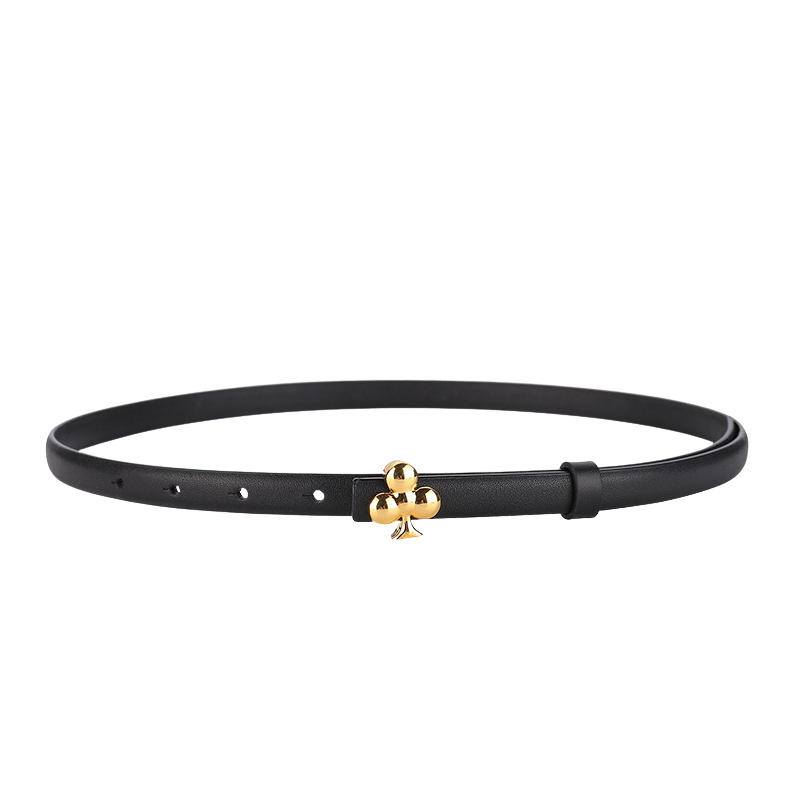 Ceinture fine noire pour femme Amélie en cuir avec boucle dorée en forme de trèfle