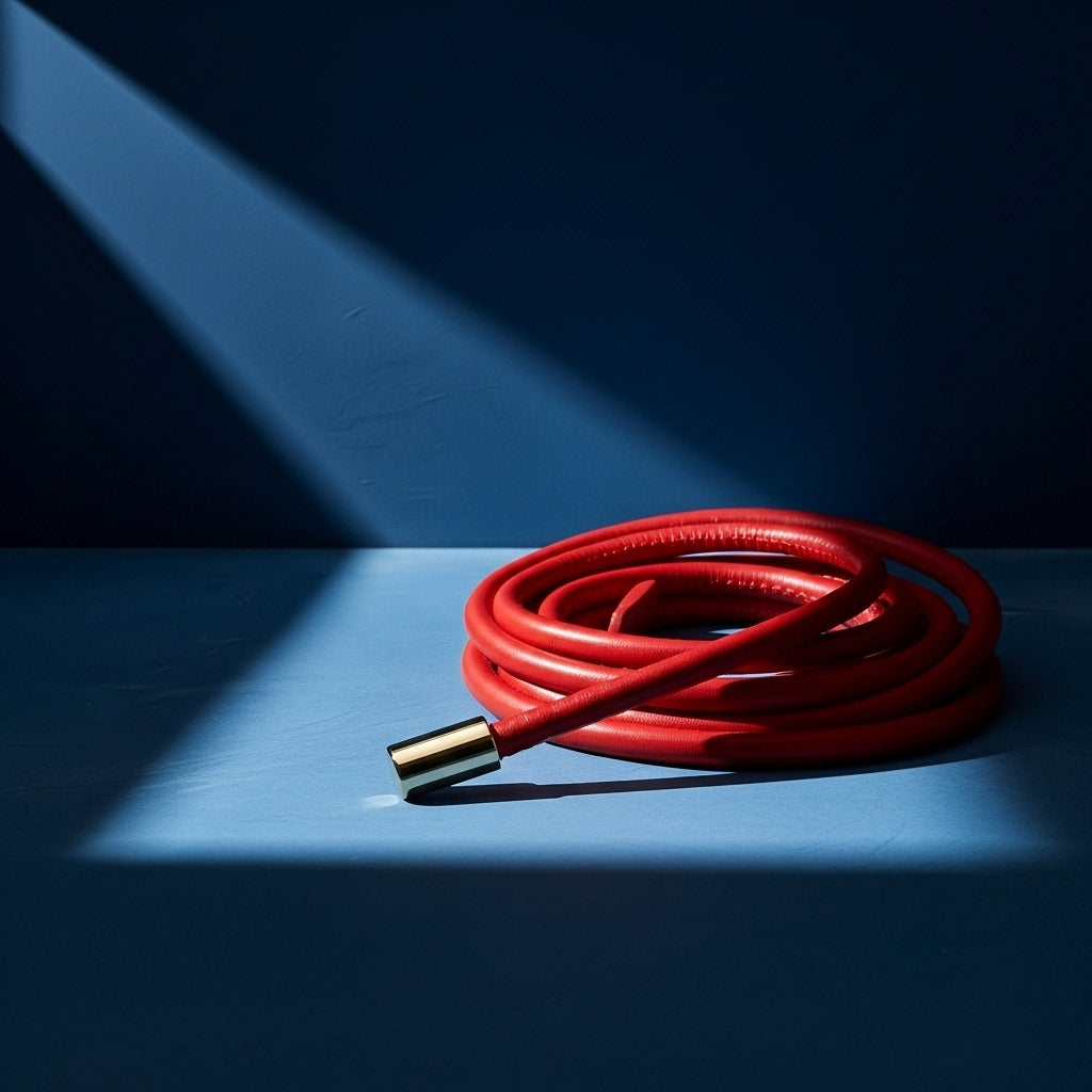 Ceinture Amicie rouge en cuir pleine fleur de mouton, fine et souple, avec une extrémité dorée, présentée enroulée sur un fond bleu #fullwidth