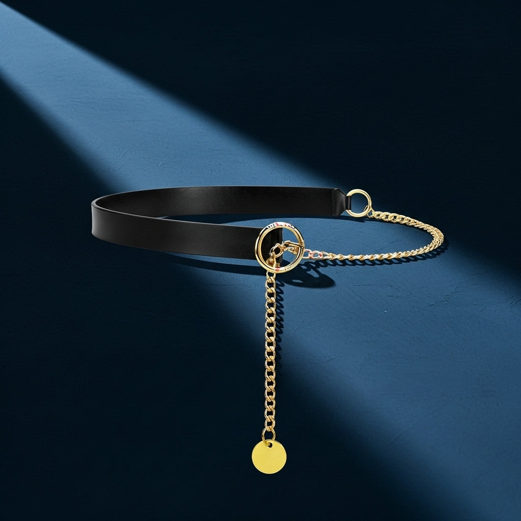 Ceinture noire Anaëlle pour femme en simili cuir avec une chaîne dorée décorative et une breloque ronde, boucle circulaire dorée, style bohème chic #fullwidth