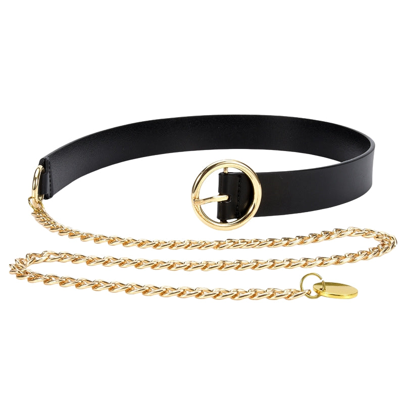 Ceinture Anaëlle noire avec chaîne dorée et boucle ronde, style bohème chic.
