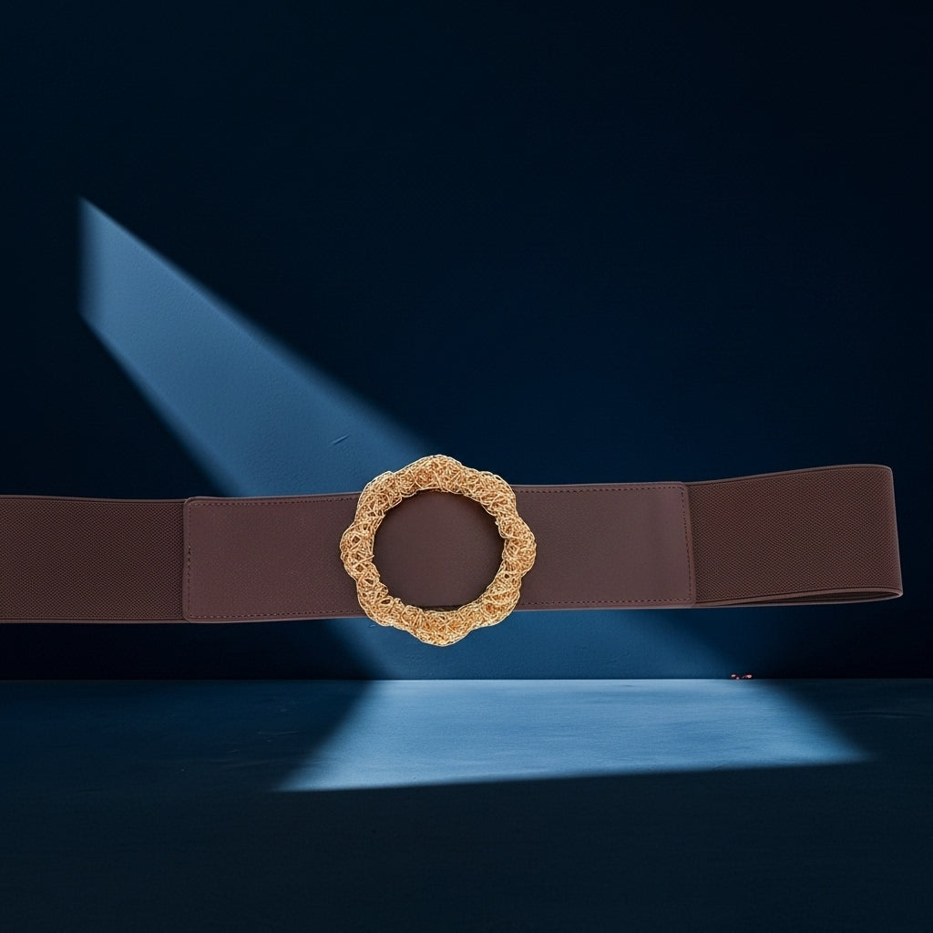 Ceinture Anaïs 1 en cuir marron, largeur 5 cm, avec une boucle dorée texturée en forme de fleur. #fullwidth