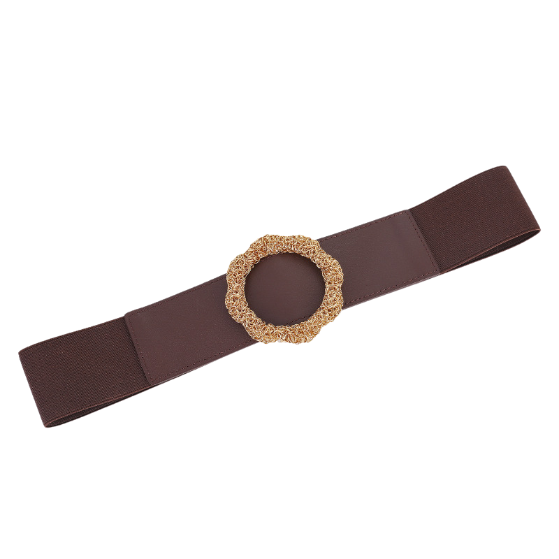 Ceinture Anaïs 1 marron en cuir pleine fleur avec boucle dorée texturée en forme de fleur et bande élastique arrière