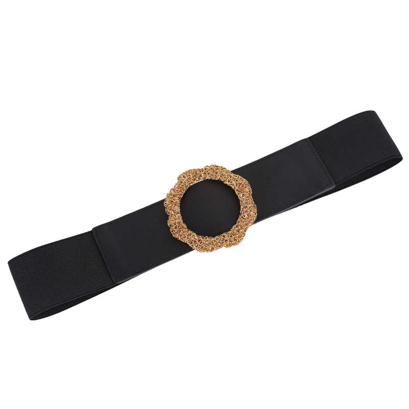Ceinture élastique noire Anaïs 1 pour femme avec une boucle décorative dorée en forme de fleur.