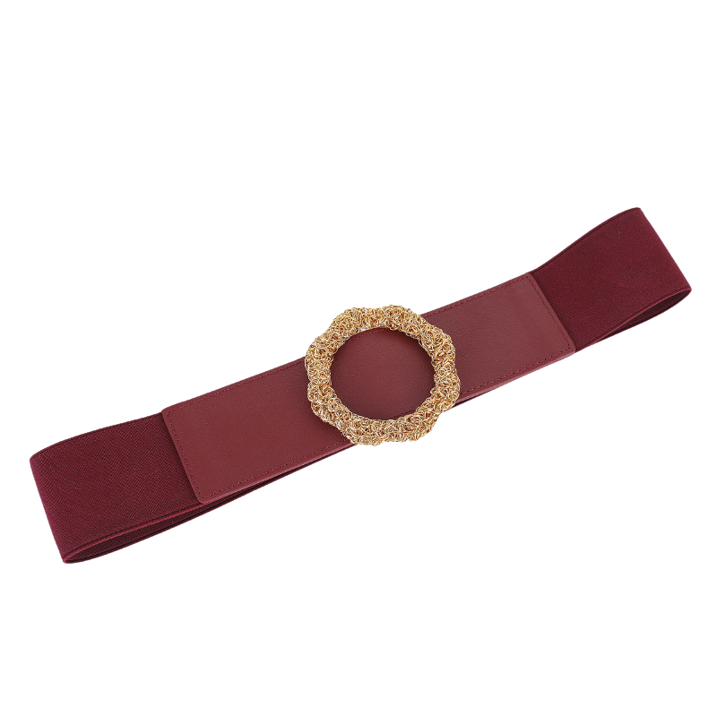 Ceinture Anaïs 1 bordeaux en cuir pleine fleur avec boucle fleur dorée et bande élastique arrière