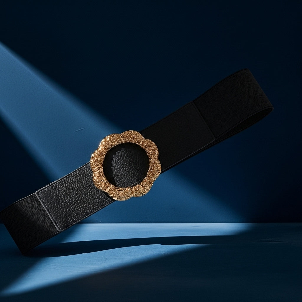 Ceinture Anaïs 2 noire en cuir avec boucle dorée décorative, large et texturée, sur fond bleu #fullwidth