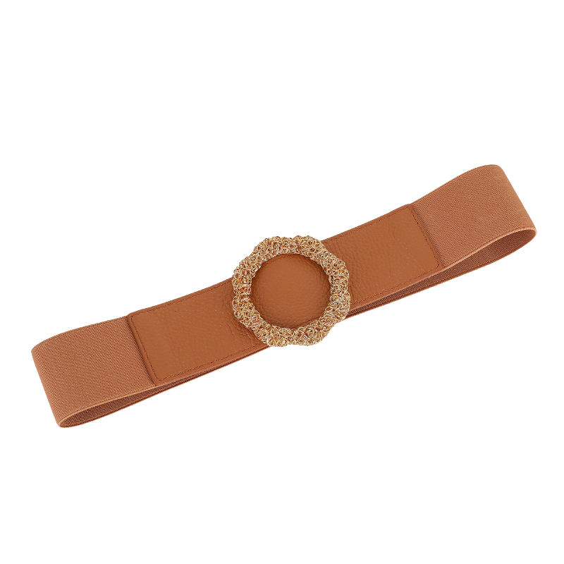 Ceinture Anaïs 2 marron en cuir pleine fleur avec boucle dorée décorative et empiècement élastique arrière.