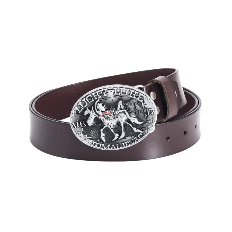 Ceinture en cuir marron foncé pour homme, modèle Anatole, avec une boucle ovale argentée ornée d'une gravure de Lucky Luke à cheval.
