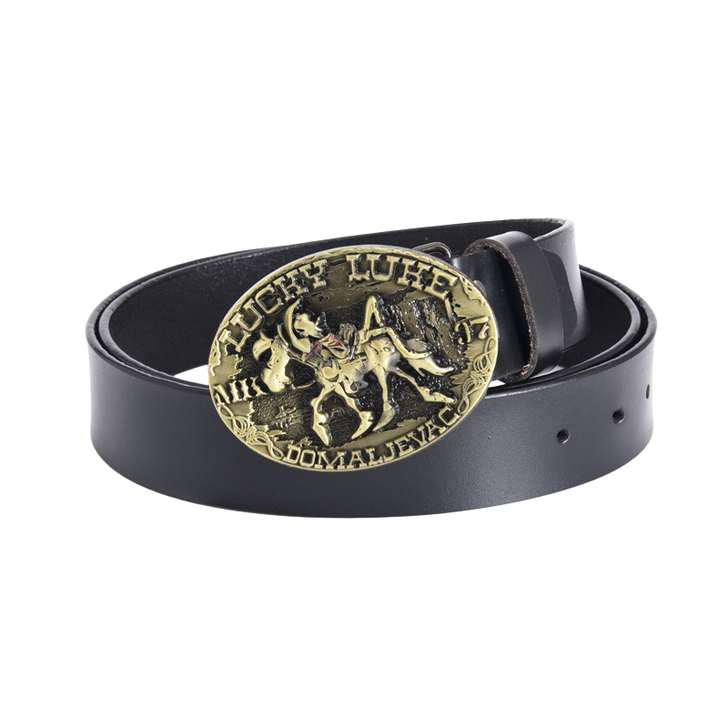 Ceinture homme Anatole noire avec boucle ovale dorée représentant Lucky Luke à cheval.