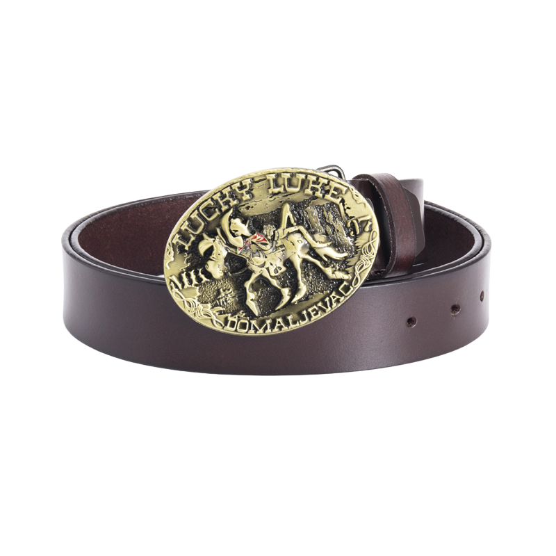 Ceinture Anatole en cuir marron avec une boucle ovale dorée ornée d'une gravure de Lucky Luke à cheval.