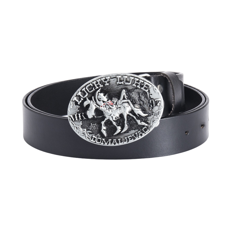 Ceinture noire Anatole pour homme avec une boucle ovale argentée gravée de Lucky Luke à cheval.