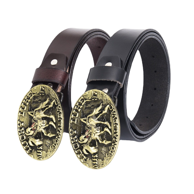 Ceinture homme Anatole en cuir noir et marron avec boucle ovale gravée représentant Lucky Luke à cheval.