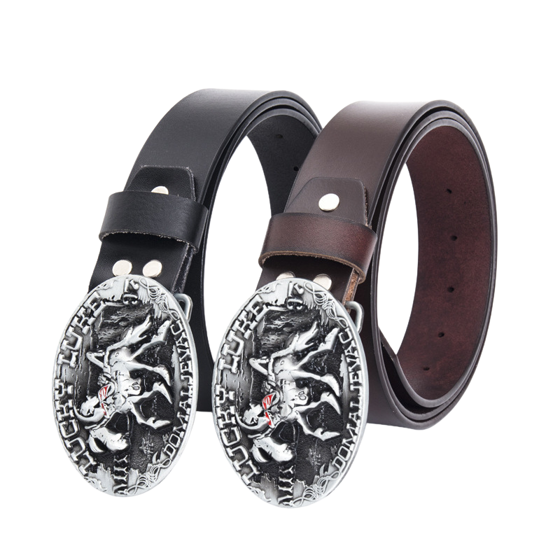 Ceinture Anatole en cuir noir et marron avec boucle ovale ornée d'un motif western gravé.