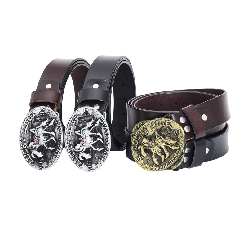 Ceinture Anatole en cuir refendu noir et marron avec boucle ovale ornée d'une gravure de Lucky Luke à cheval.