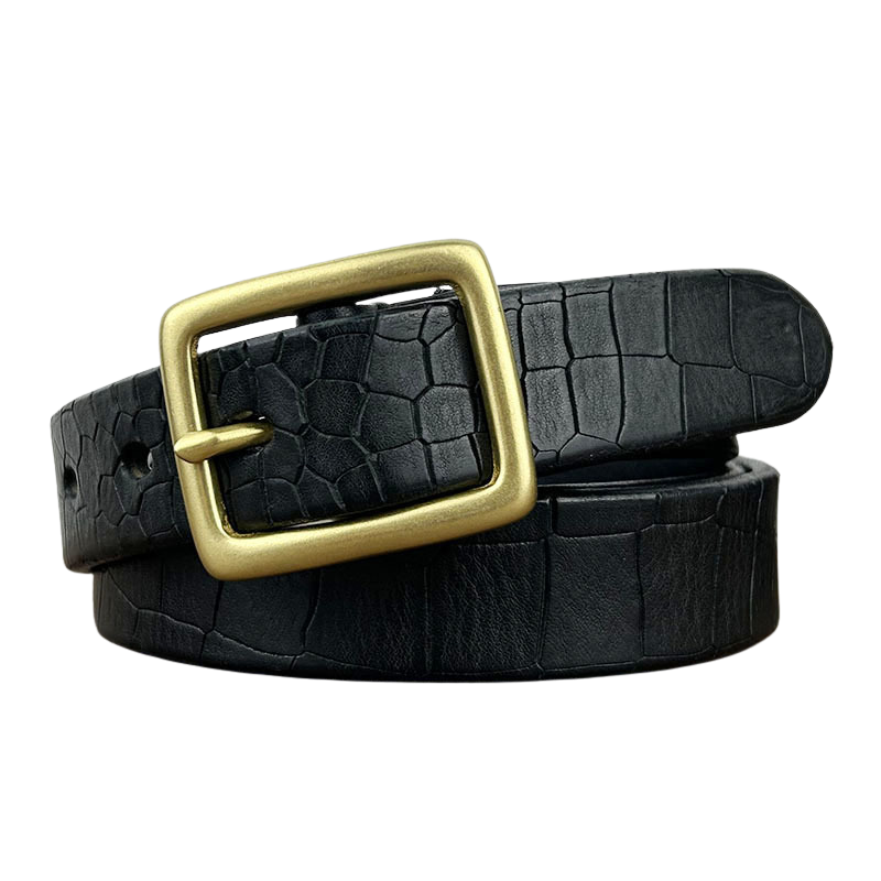 Ceinture fine Anatole Zen en cuir de vachette noir avec texture crocodile embossé et boucle carrée en cuivre doré