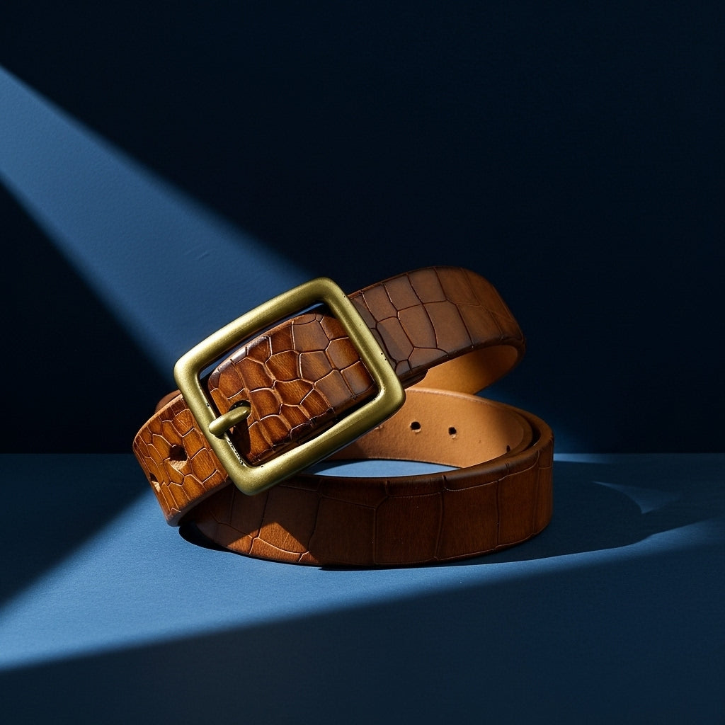Ceinture Anatole Zen en cuir de vachette marron avec finition grain crocodile et boucle carrée dorée #fullwidth