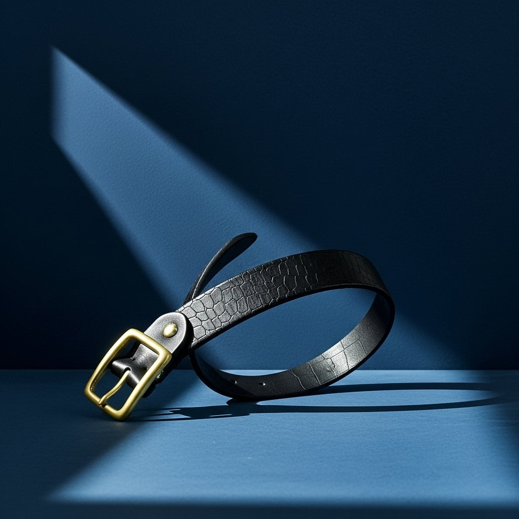 Ceinture homme Anatole Zen en cuir de vachette noire grainé effet crocodile, boucle ardillon dorée. #fullwidth