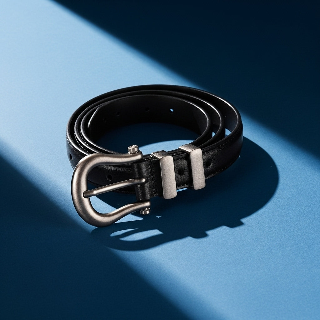Ceinture femme Angélique en cuir noir avec boucle ardillon arrondie en métal argenté vieilli, style rétro et ajustement facile. #fullwidth