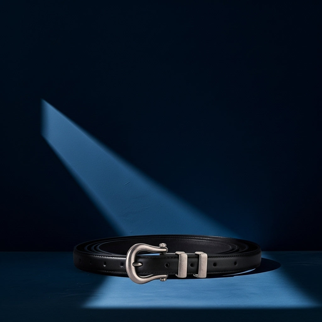 Ceinture femme Angélique en cuir noir, avec une boucle ardillon argentée vieillie au design asymétrique et brossé, style vintage. #fullwidth