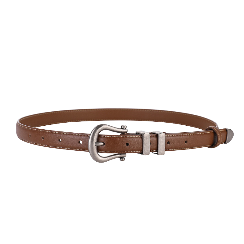 Ceinture femme "Angélique" en cuir marron avec boucle ardillon argentée vieillie au style rétro.