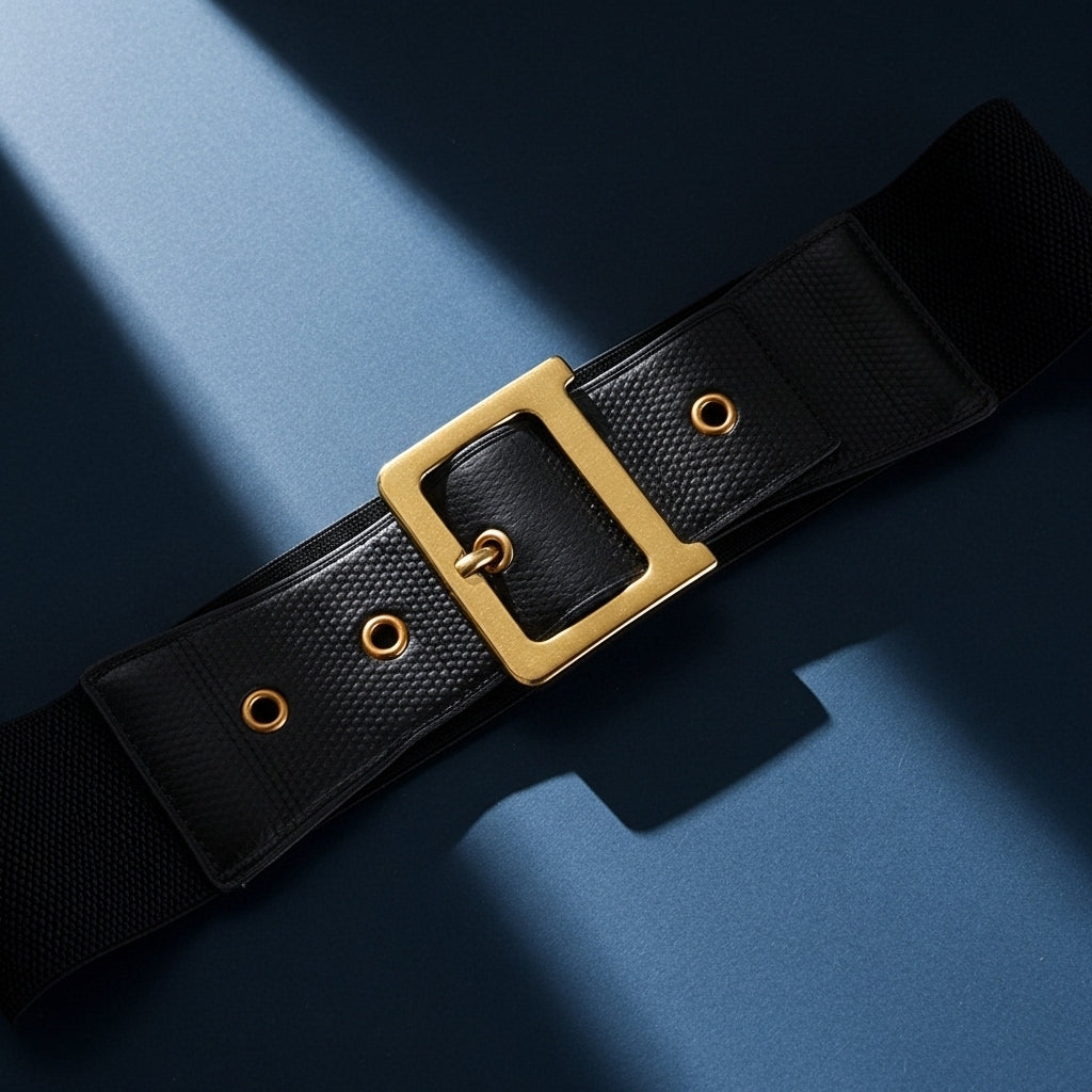 Ceinture large noire Annecy pour femme, avec boucle carrée dorée mate et détails texturés en cuir, sur fond bleu uni #fullwidth