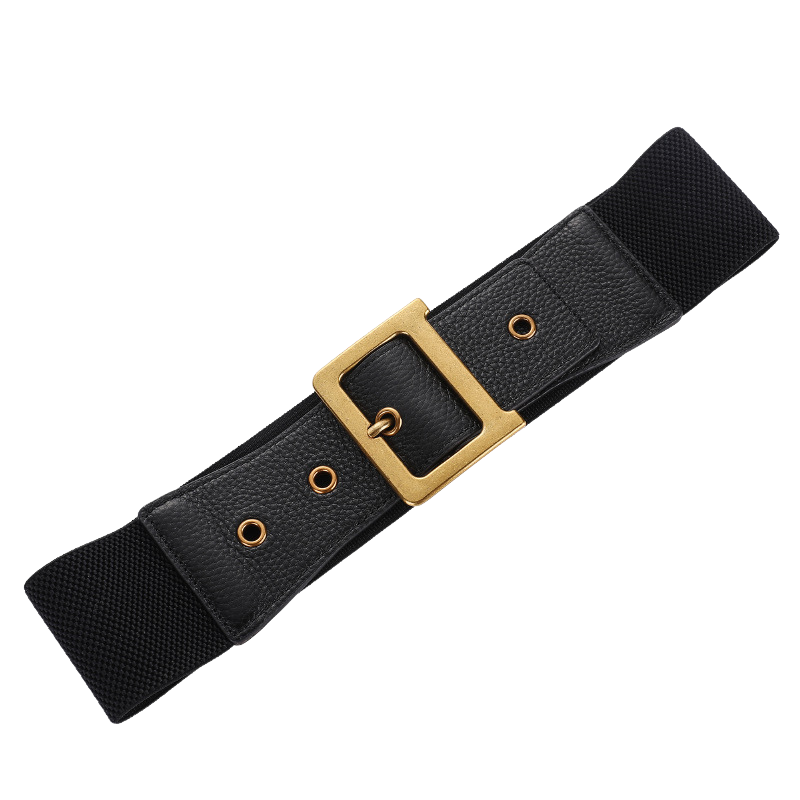 Ceinture large noire pour femme Annecy, avec boucle carrée dorée mate et empiècement en cuir texturé.