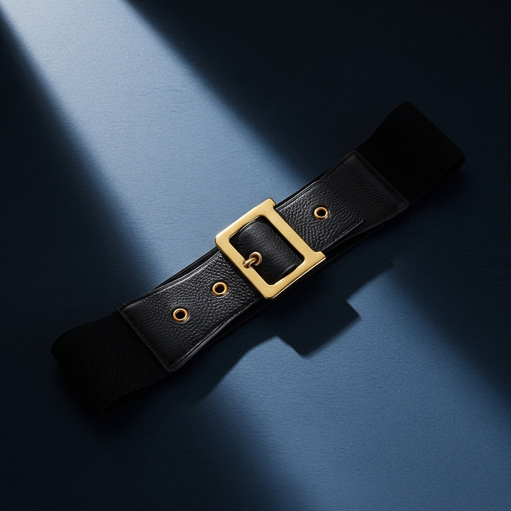 Ceinture large noire pour femme Annecy, en cuir texturé et bande élastique, avec boucle carrée dorée mate. #fullwidth
