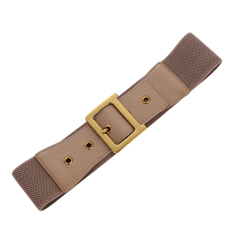 Ceinture pour femme Annecy en cuir gris et bande élastique tressée, avec boucle carrée dorée mate. Largeur 6 cm.