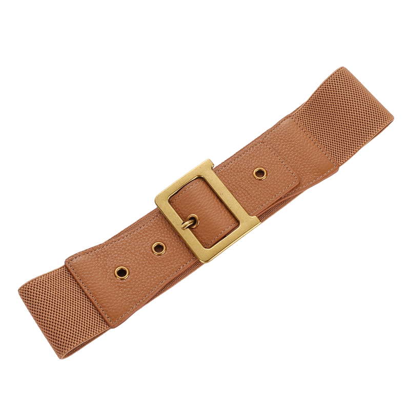 Ceinture large élastique femme Annecy couleur camel avec boucle carrée dorée mate et détails en cuir texturé.