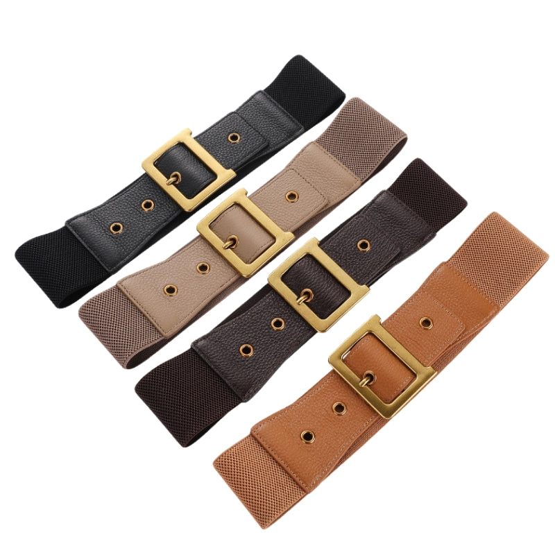 Ceinture élastique pour femme Annecy, largeur 6 cm, avec boucle dorée carrée. Disponible en noir, beige, marron foncé et camel.