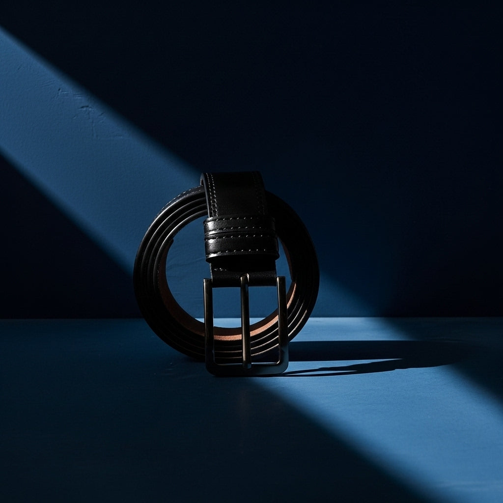 Ceinture homme Antoine 1 en cuir refendu noir, texture lisse 95T, avec boucle ardillon arrondie en alliage finition noir mat. #fullwidth