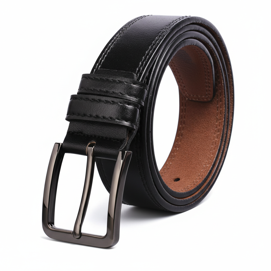 Ceinture homme Antoine 1 en cuir refendu noir, boucle ardillon carrée finition noir mat.