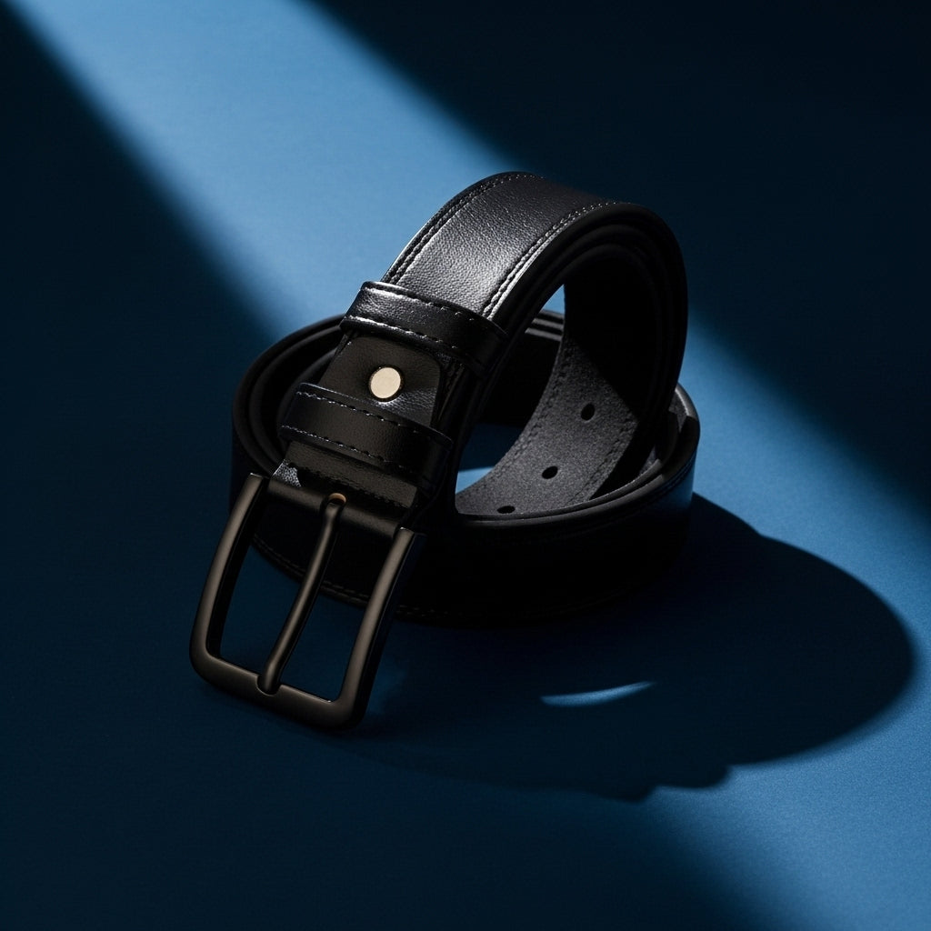 Ceinture homme Antoine 3 en cuir noir lisse avec boucle ardillon noire arrondie et finition mate #fullwidth