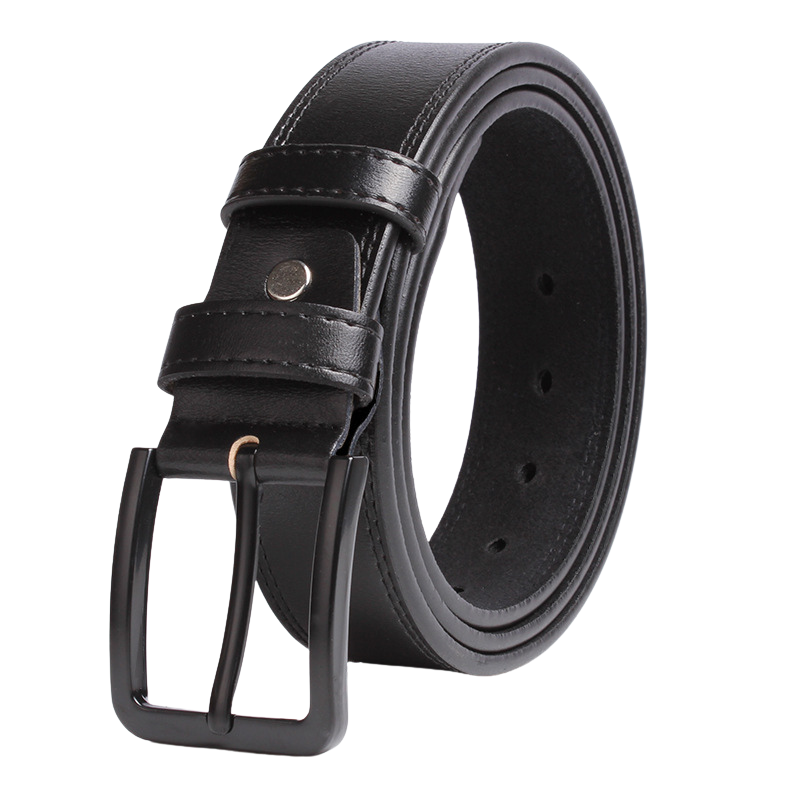 Ceinture en cuir refendu de vachette noire pour homme, modèle Antoine 3, avec boucle ardillon arrondie en alliage noir et finition lisse.
