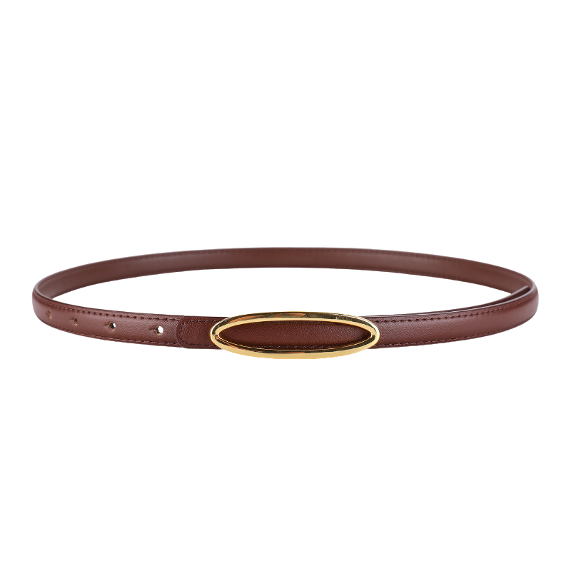 Ceinture fine femme Apolline en cuir marron avec boucle ovale dorée minimaliste