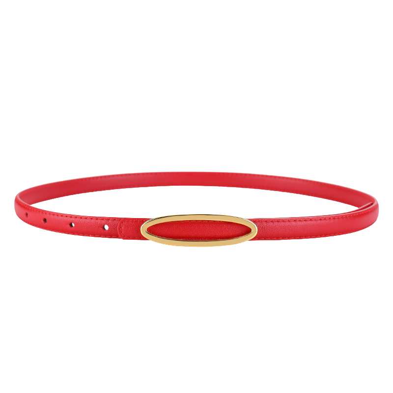 Ceinture fine rouge Apolline en cuir avec boucle ovale dorée minimaliste