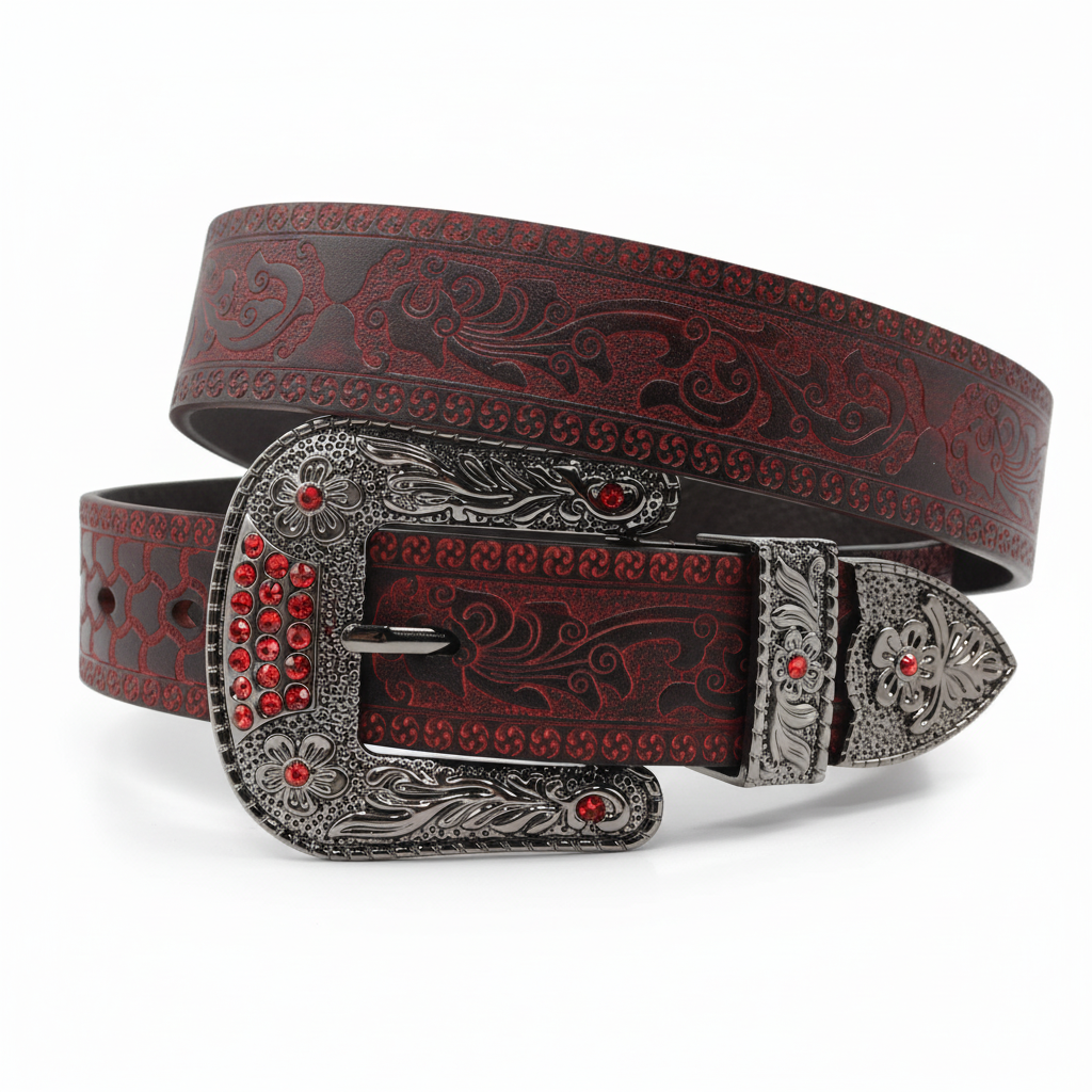 Ceinture Apollon Noir en cuir bordeaux avec motifs floraux embossés et boucle ardillon argentée ornée de strass rouges.
