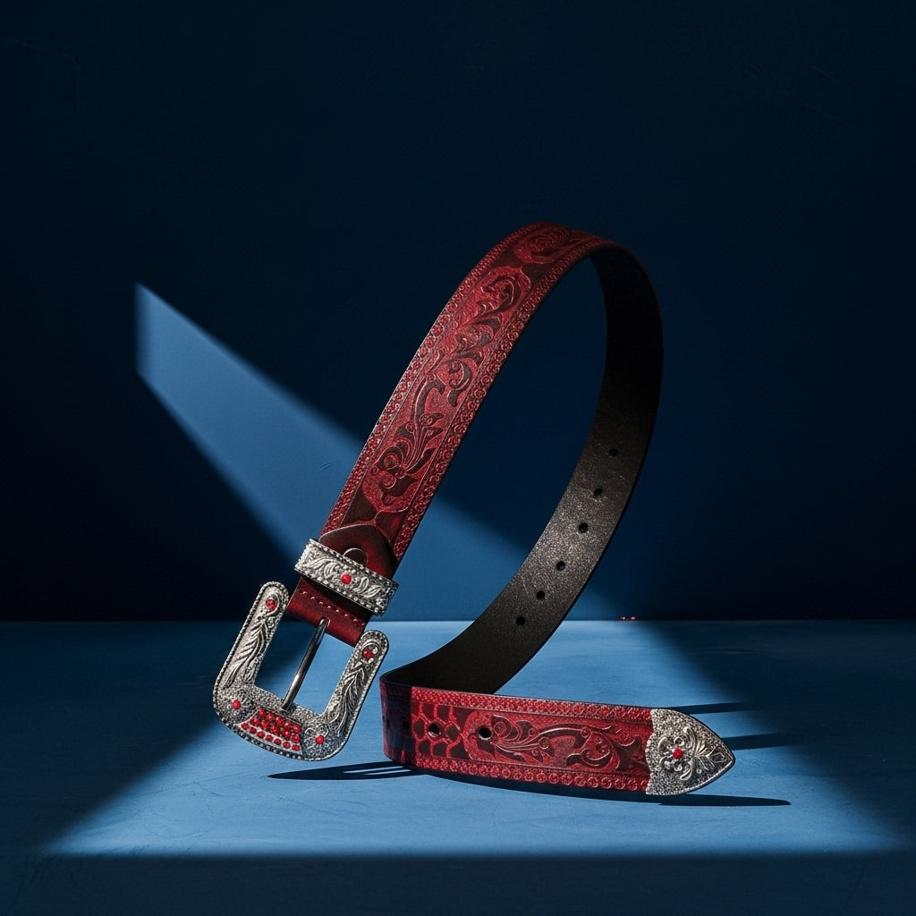 Ceinture Apollon Noir en cuir rouge avec motifs floraux embossés, boucle ardillon argentée ornée de strass rouges. Style western moderne. #fullwidth