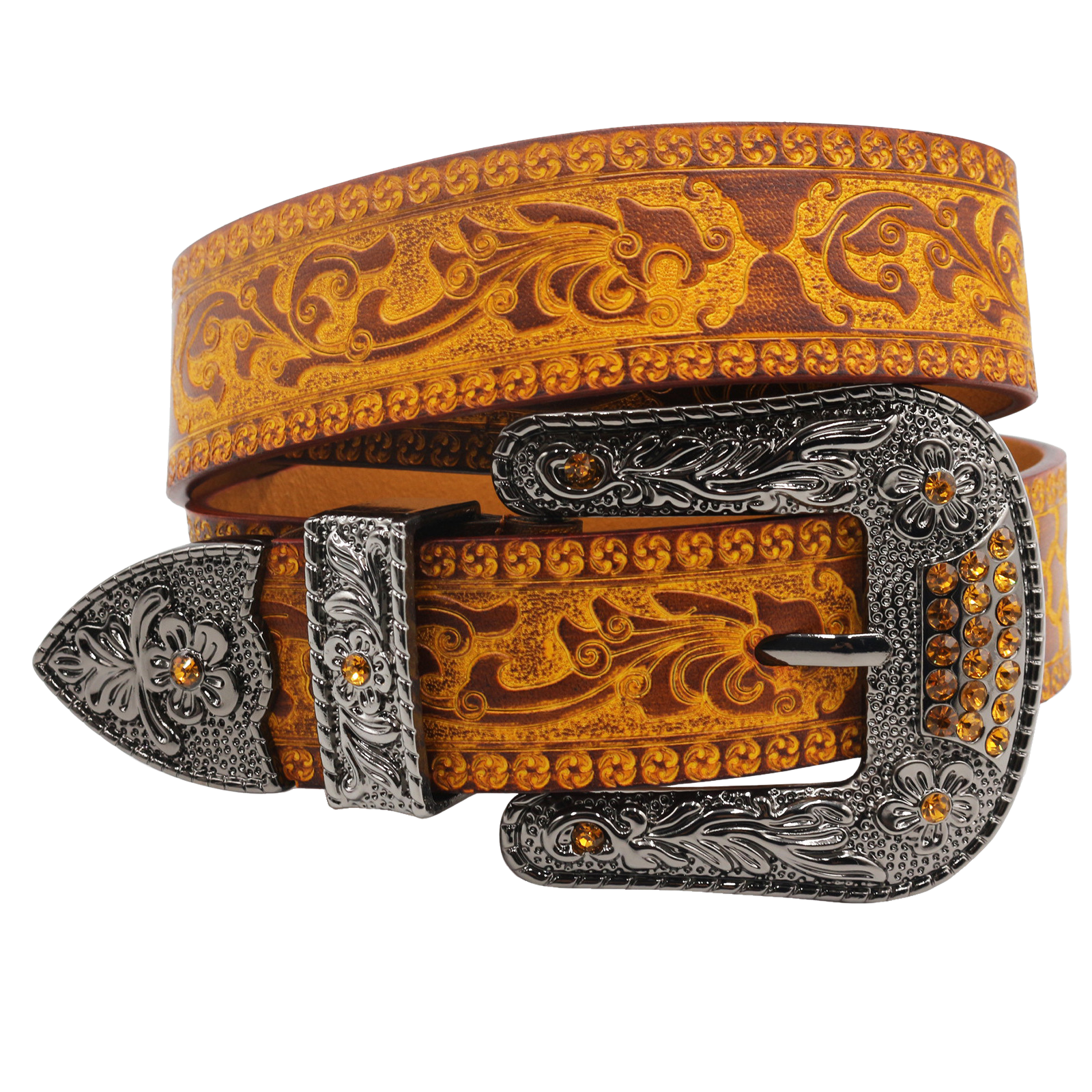 Ceinture Apollon Noir en cuir avec motifs floraux embossés et boucle argentée ornée de strass jaunes, style western modernisé. #fullwidth