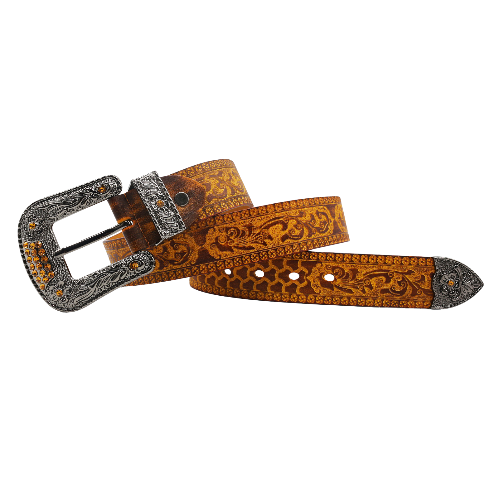 Ceinture Apollon Noir en cuir pleine fleur avec motifs floraux embossés et boucle ardillon argentée ornée de strass #fullwidth