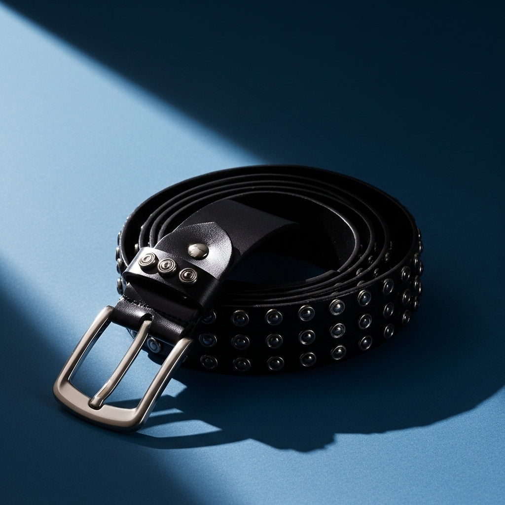 Ceinture noire Aragon en cuir pleine fleur cloutée avec boucle ardillon argentée, style punk et moto #fullwidth