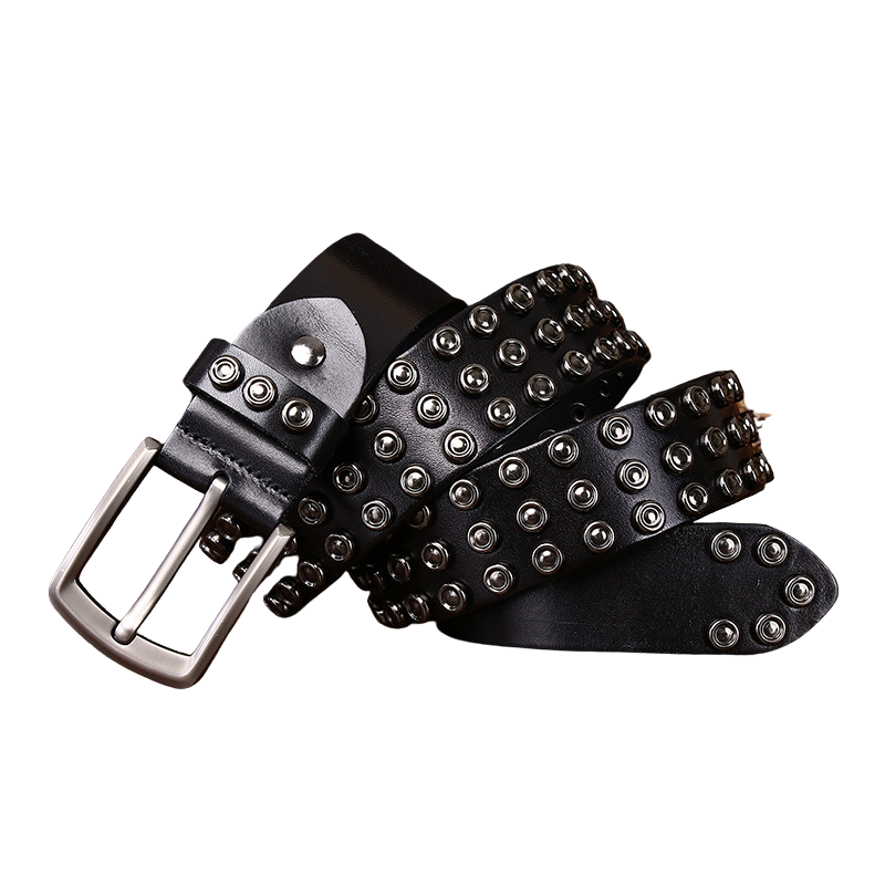 Ceinture homme Aragon noire en cuir clouté avec boucle ardillon argentée.