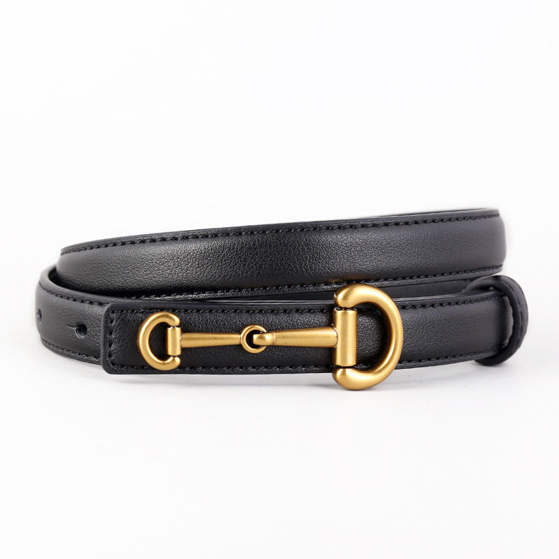 Ceinture fine pour femme Ariane en cuir noir avec boucle ardillon dorée élégante style mors de cheval