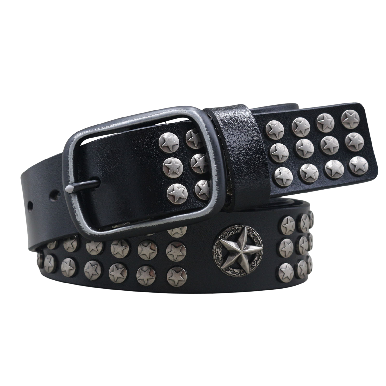 Ceinture Arletty pour homme en cuir noir, cloutée d'étoiles argentées et ornée d'une boucle rectangulaire et d'une étoile centrale. Style audacore et tendance. #fullwidth