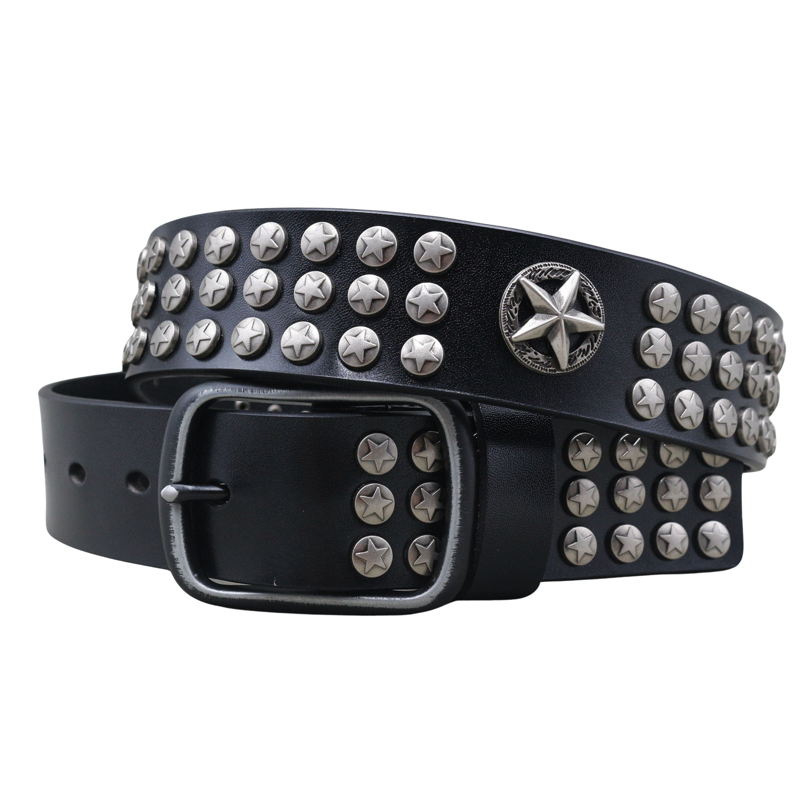 Ceinture Arletty noire pour homme, en cuir refendu, ornée de clous en forme d'étoiles argentées et d'une boucle ardillon rectangulaire. #fullwidth