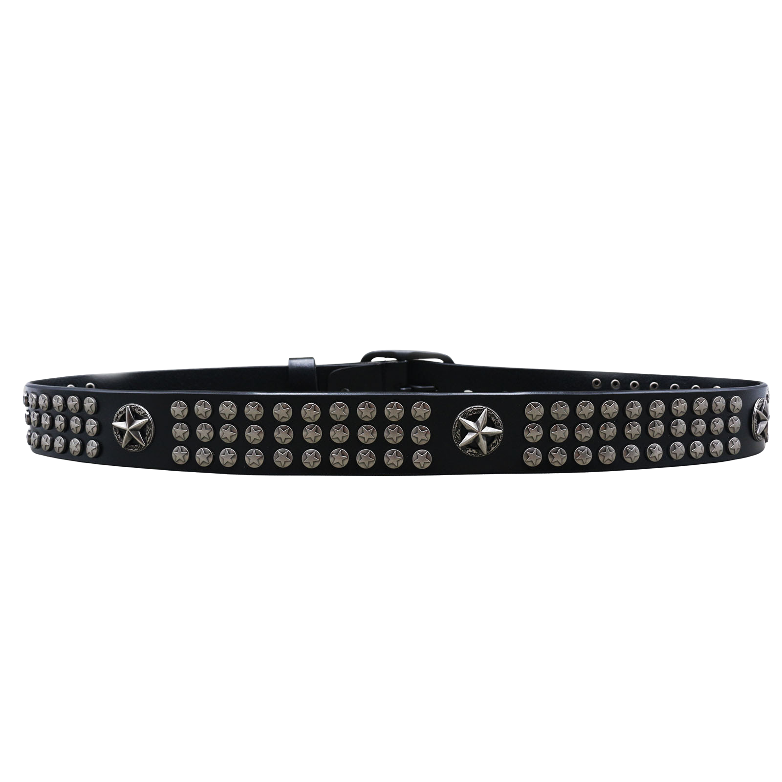 Ceinture homme Arletty noire en cuir refendu avec lanière cloutée de motifs étoilés et boucle ardillon argentée #fullwidth